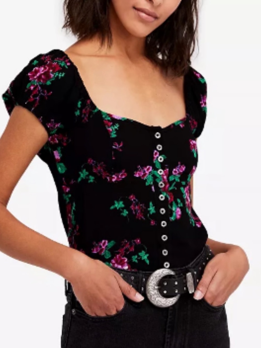 Free People Black "Close To You" Floral Off-The-Shoulder Blouse SZ Small boho